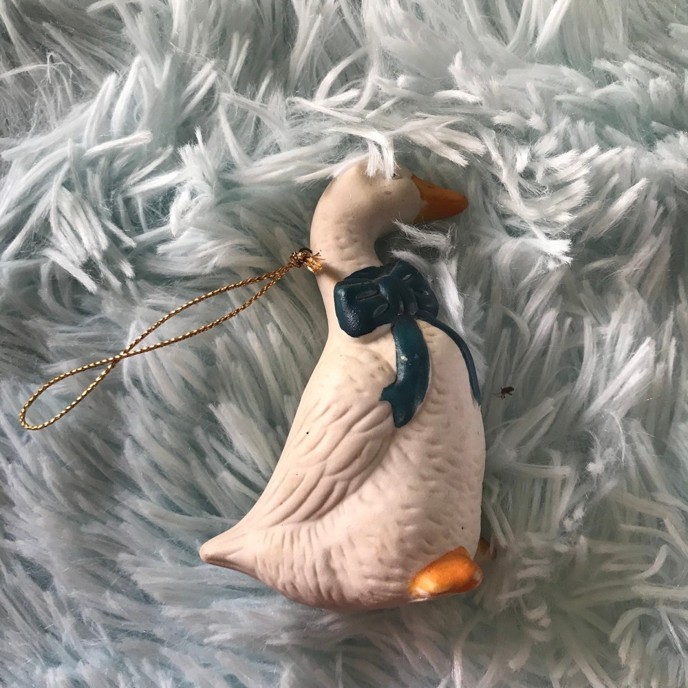 Christmas Goose Tree Lloyd Ornament Holiday Decoration White w/ Blue Bow 3.5"